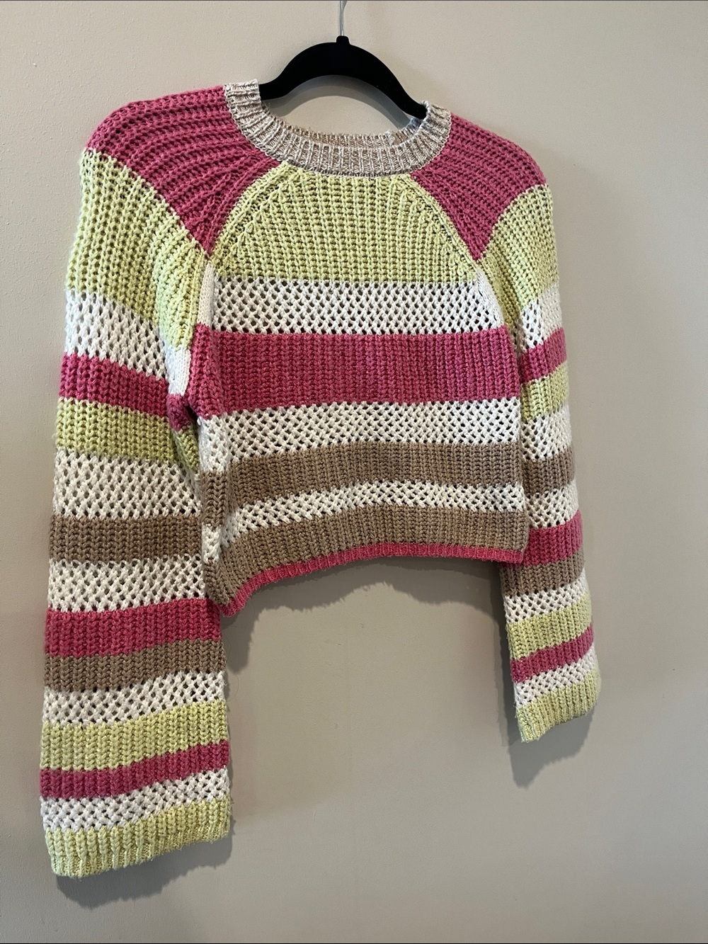 RSQ Striped Cropped Crewneck Sweater in Pink, Cream, Green & Tan